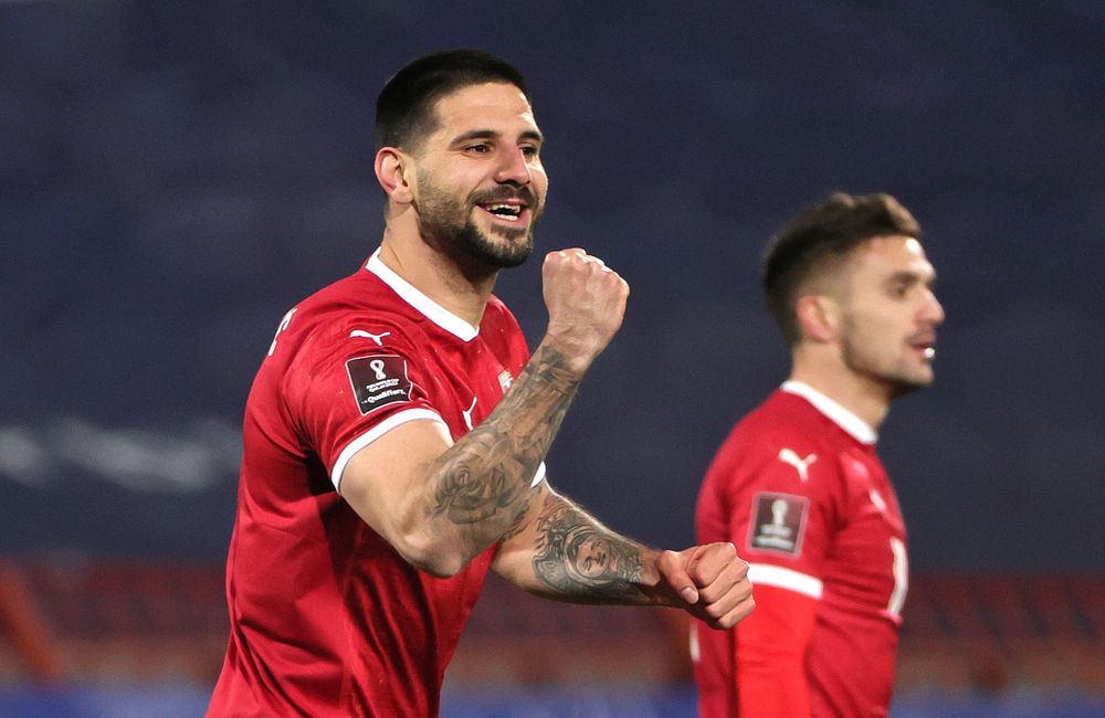 Aleksandar Mitrović celebrates scoring for Serbia against the Republic of Ireland